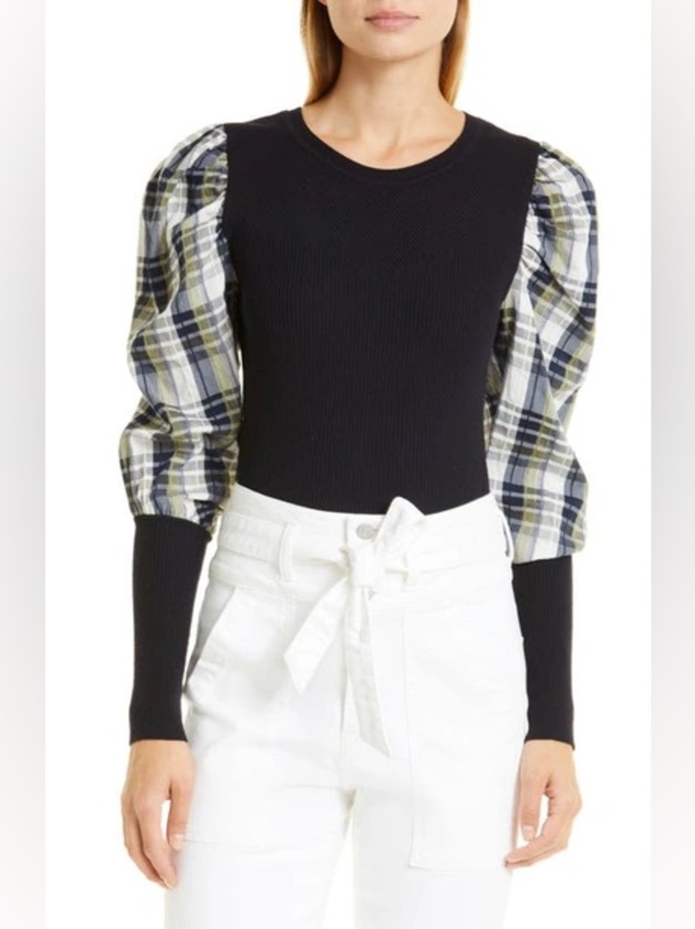 Veronica Beard Merino Wool Plaid Puff Sleeve Knit Top Black S